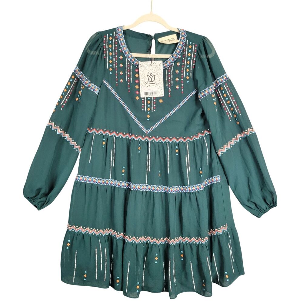 NWT SAVANNA JANE 94656 Green Geometric Embroidered Flowy Tiered Dress SIZE SMALL